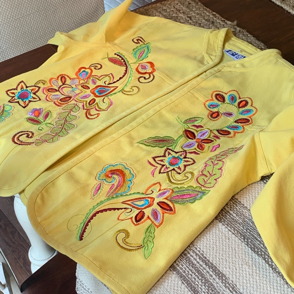 BFA CLASSIC Vintage Bright Yellow Embroidery Jacket Floral Design Size L Petite - Picture 15 of 16